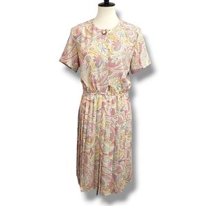 Vintage 70s Pink Multicolored Paisley Pleated Secretary Midi Dress Size Small*